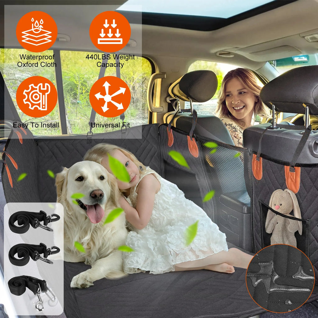 Linx Group dog car seat cover for back seat protection, made of durable fabric with side flaps and adjustable straps for travel safety.