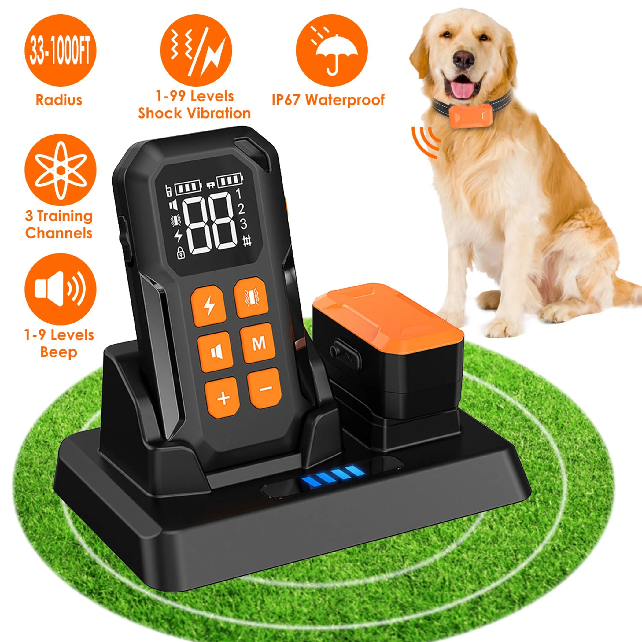 Wireless electric dog fence and training system with two collars from Linx Group, designed for pet containment and training.