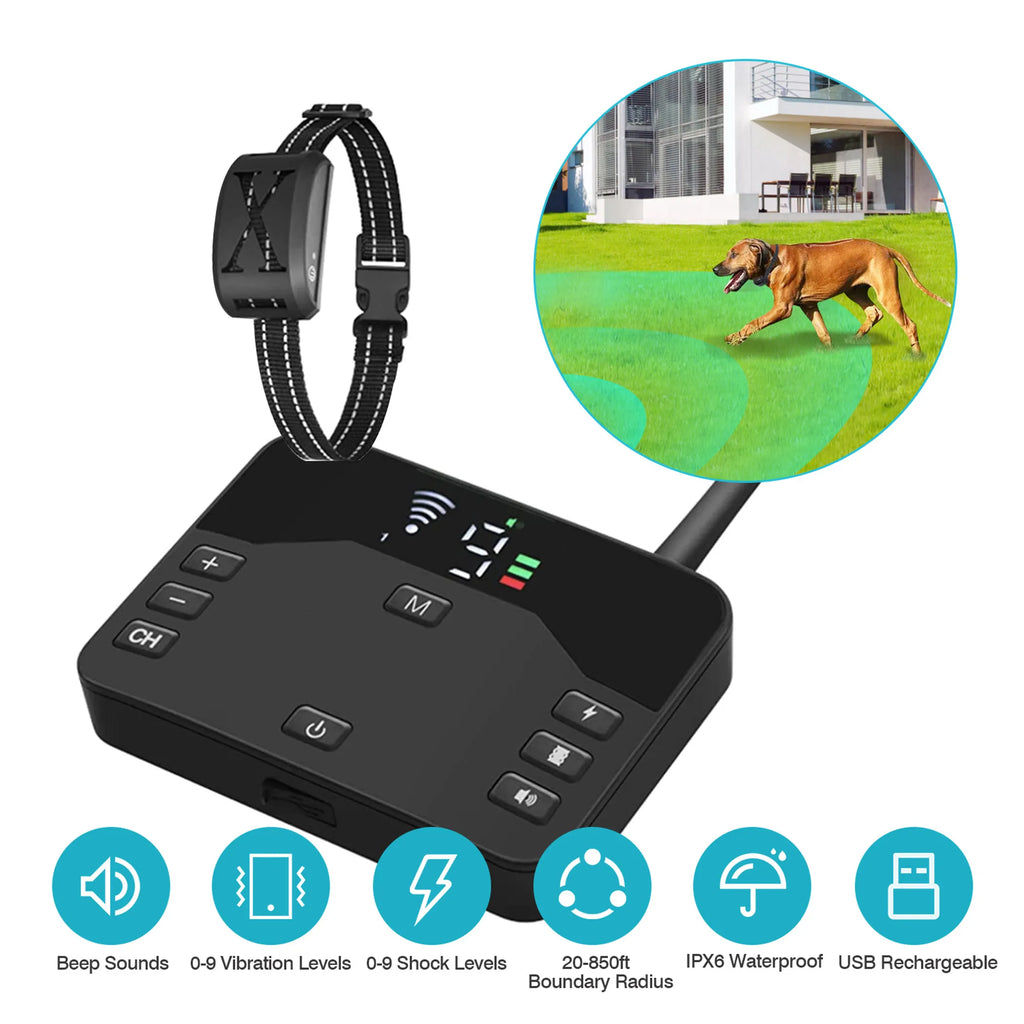 Linx Group 2-in-1 wireless electric dog fence and training system with collar, black and gold design, electronic pet containment device
