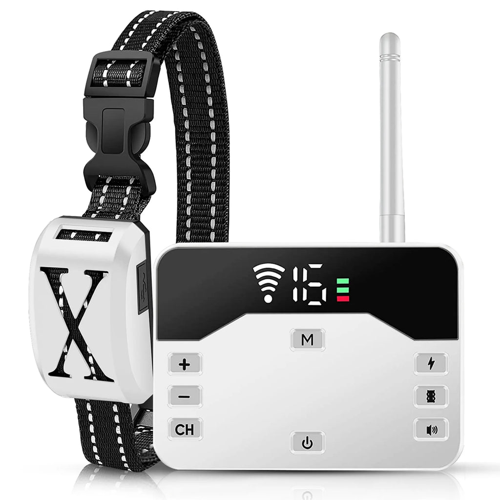 Wireless electric dog fence and training system with collar, white electronic device for pet boundary training by Linx Group.
