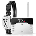 Wireless electric dog fence and training system with collar, white electronic device for pet boundary training by Linx Group.