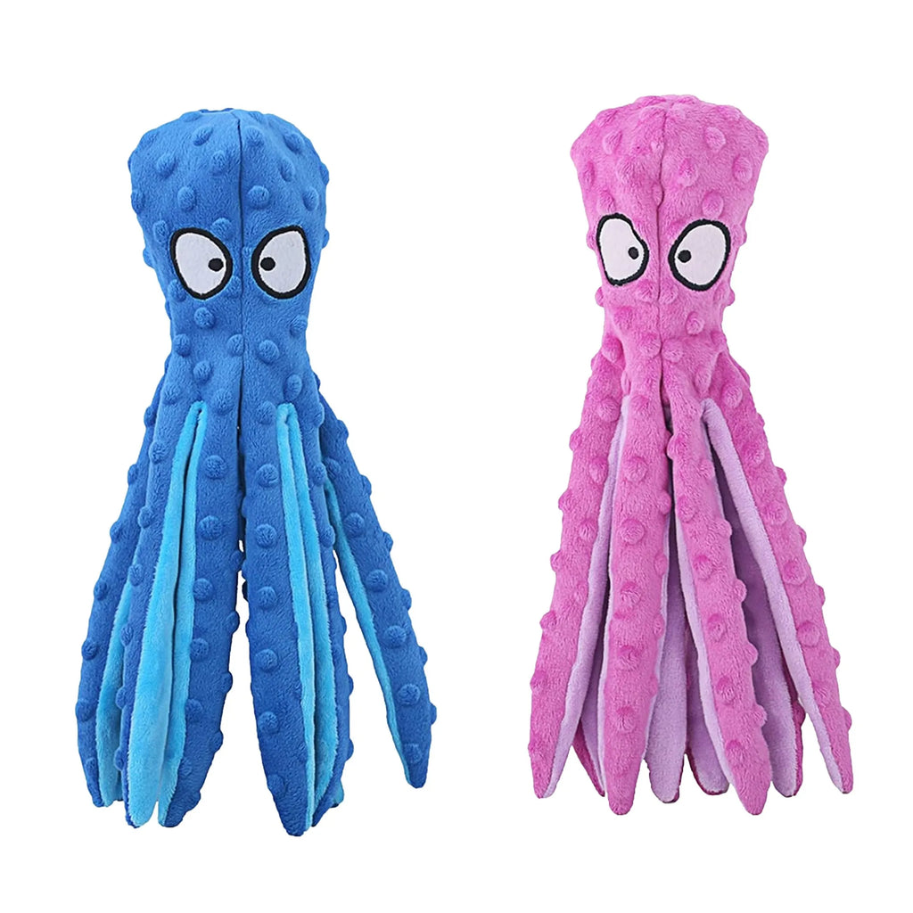 Two squeaky and crinkle plush dog toys, octopus shape, no stuffing, for teething, in blue and pink, by Linx Group.