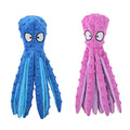 Two squeaky and crinkle plush dog toys, octopus shape, no stuffing, for teething, in blue and pink, by Linx Group.