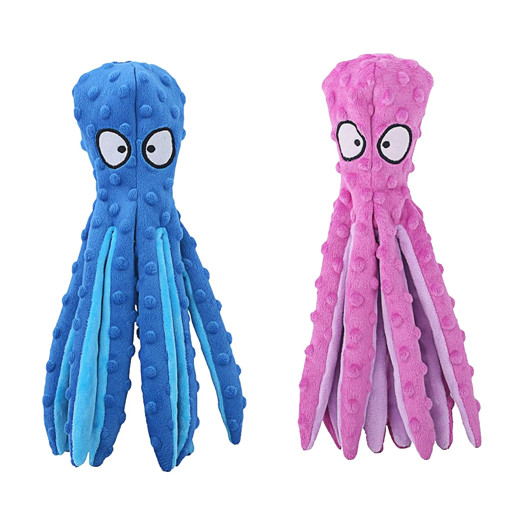 Two squeaky and crinkle plush dog toys, octopus shape, no stuffing, for teething, in blue and pink, by Linx Group.