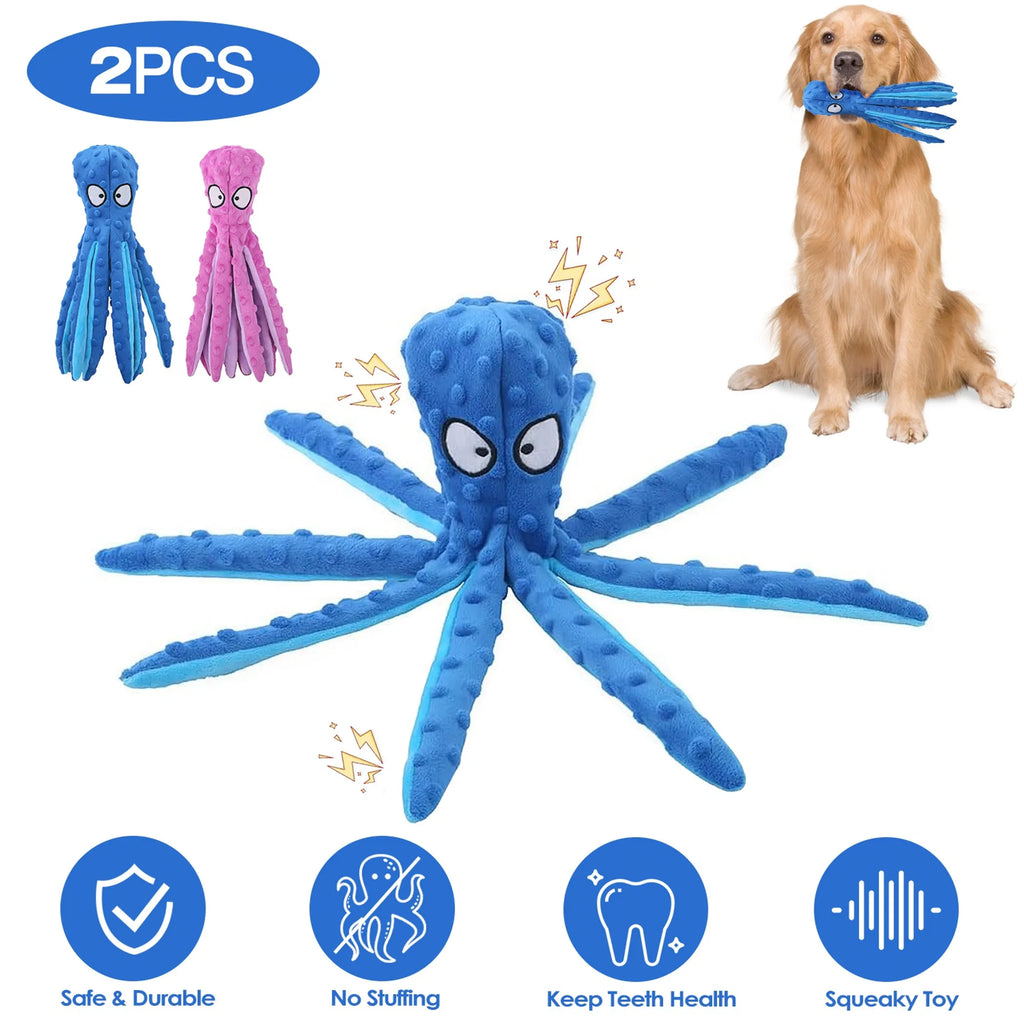 Two squeaky plush dog toys with crinkle fabric in blue and pink, octopus shape, perfect for teething and play.