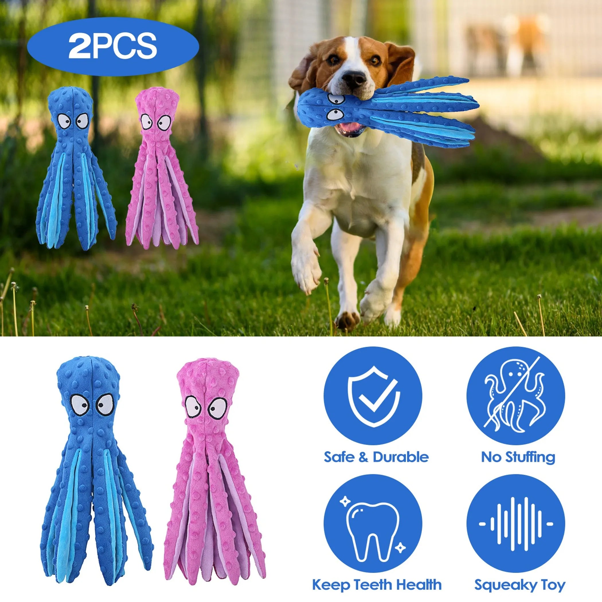 Two squeaky plush dog toys with crinkle fabric in blue and pink octopus shapes, designed for teething and play.
