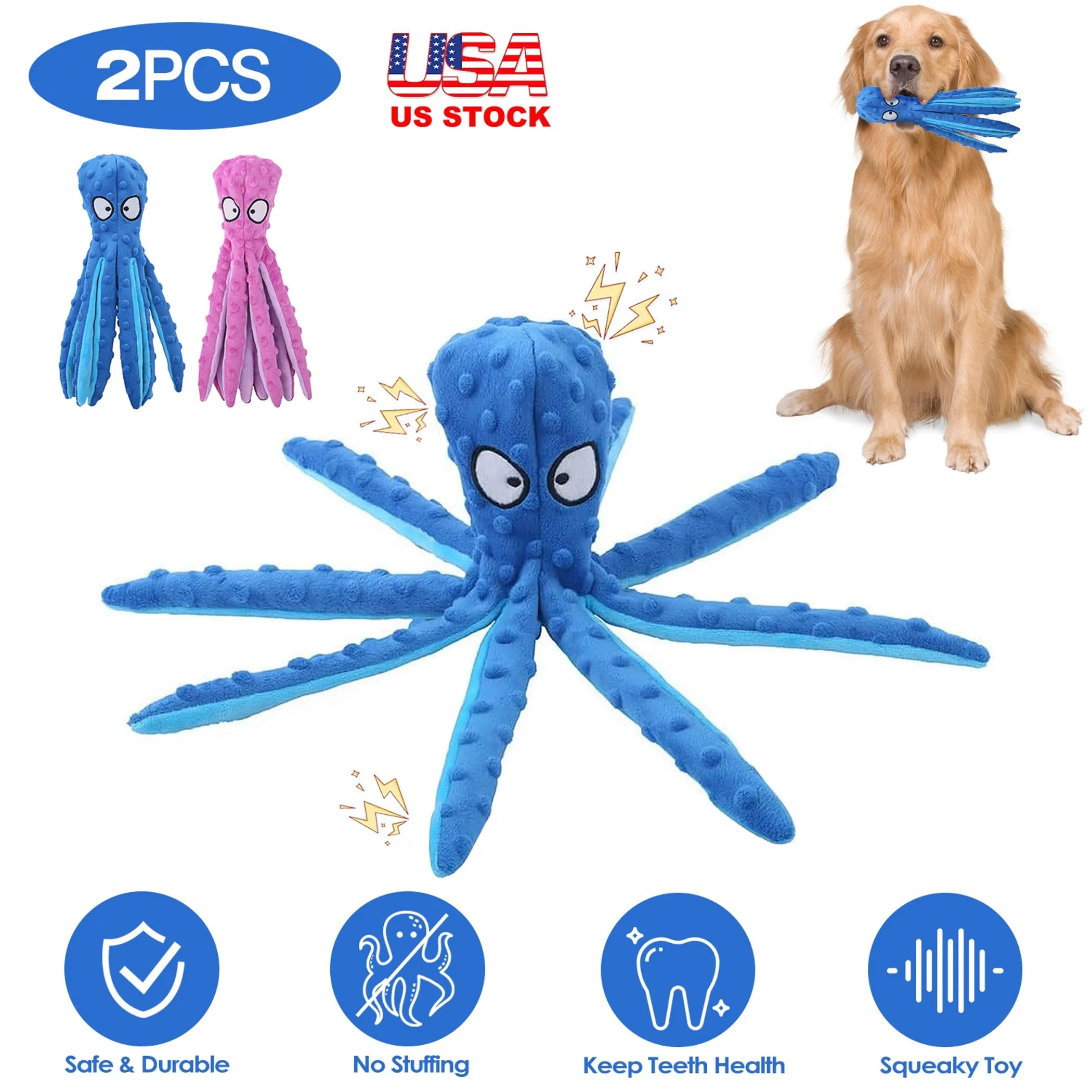 Blue and pink squeaky dog squeaky toys with crinkle plush octopus design, no stuffing, perfect for teething and play.