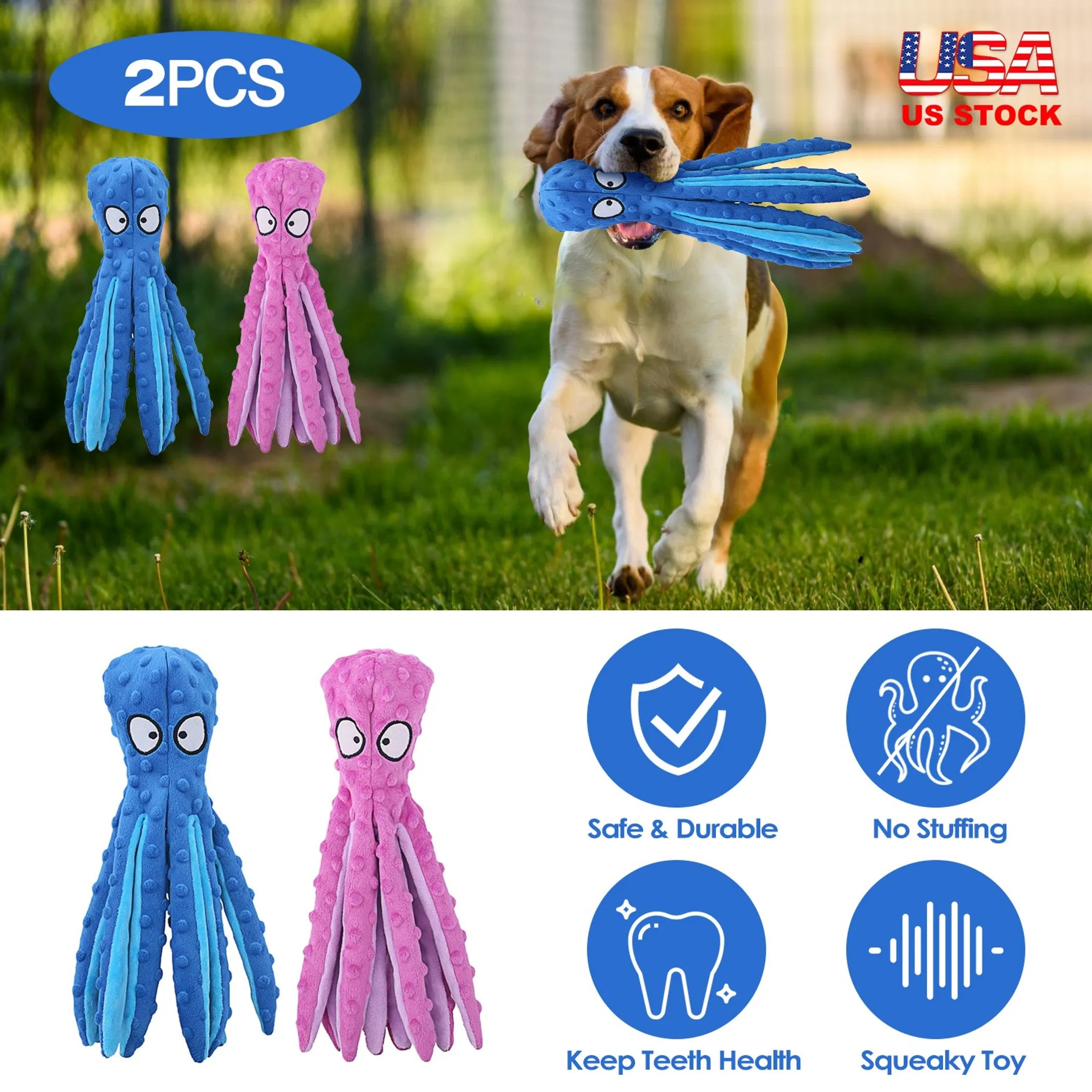 Two squeaky plush dog toys shaped like crinkly octopuses with no stuffing, perfect for teething and play.