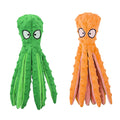 Two colorful squeaky dog toys in green and orange from Linx Group, designed for fun and play with dogs.