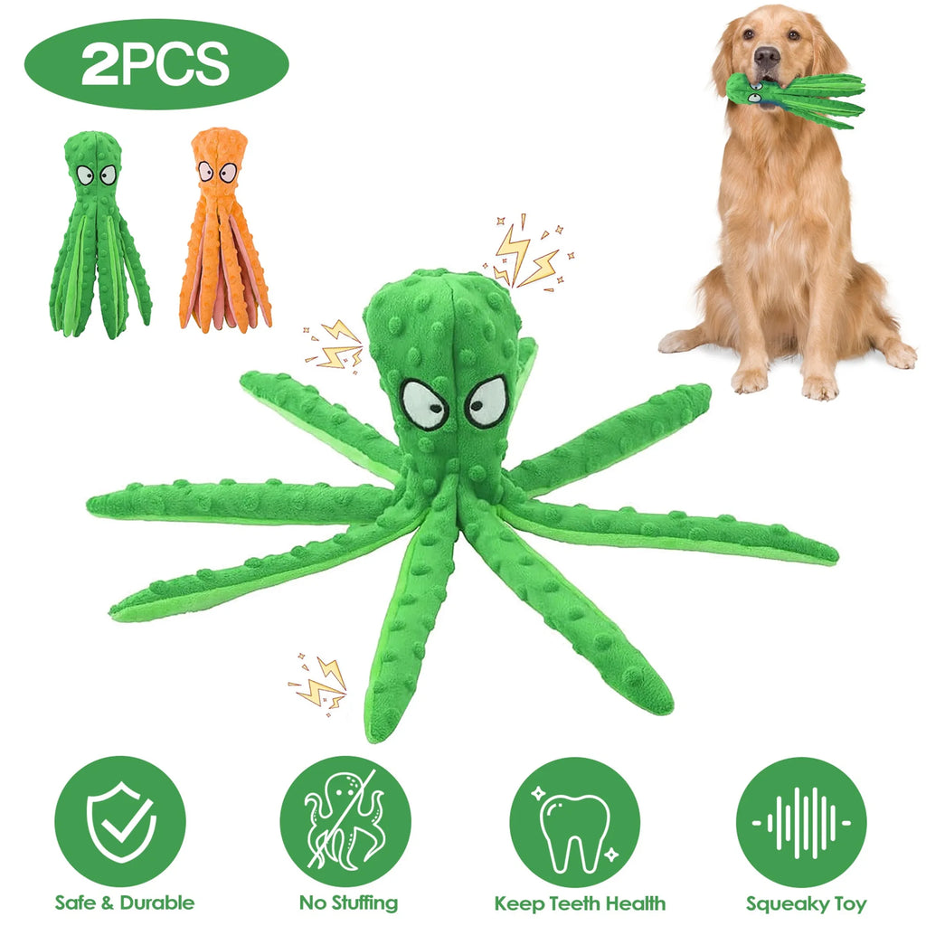 Two colorful squeaky dog toys in green and orange from Linx Group, designed for playful dogs.
