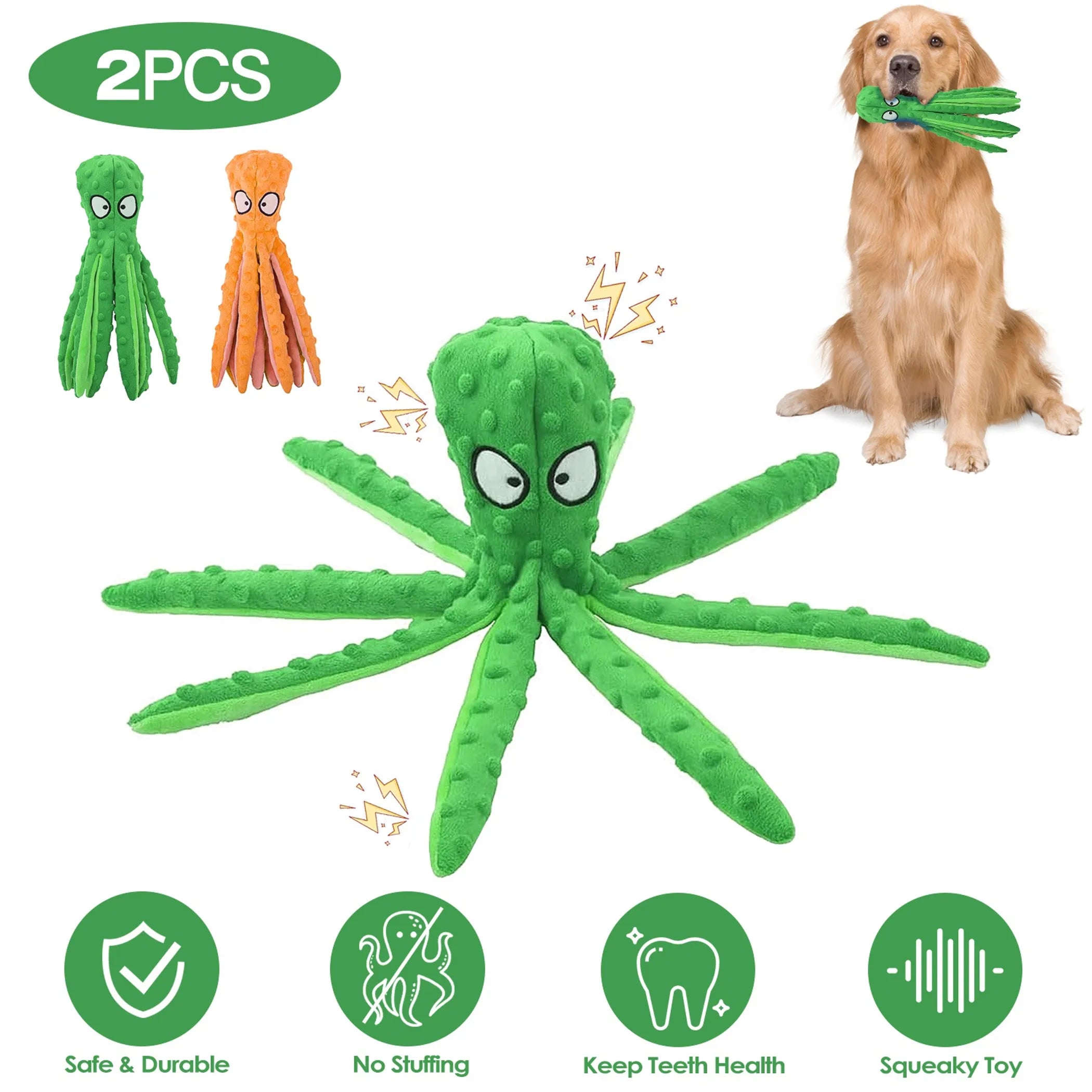 Two colorful squeaky dog toys in green and orange from Linx Group, designed for playful dogs.