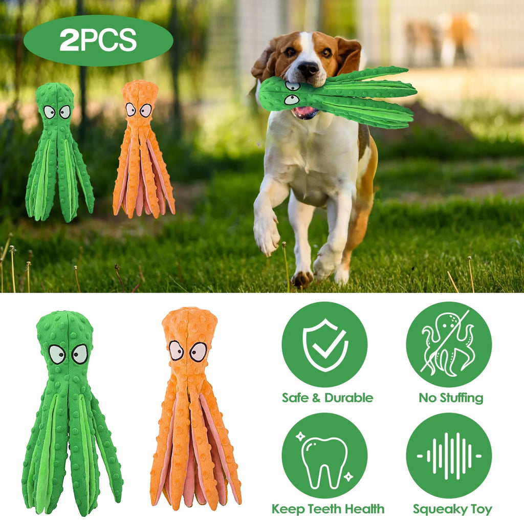 Two colorful squeaky dog toys in green and orange from Linx Group, made for playful dogs.