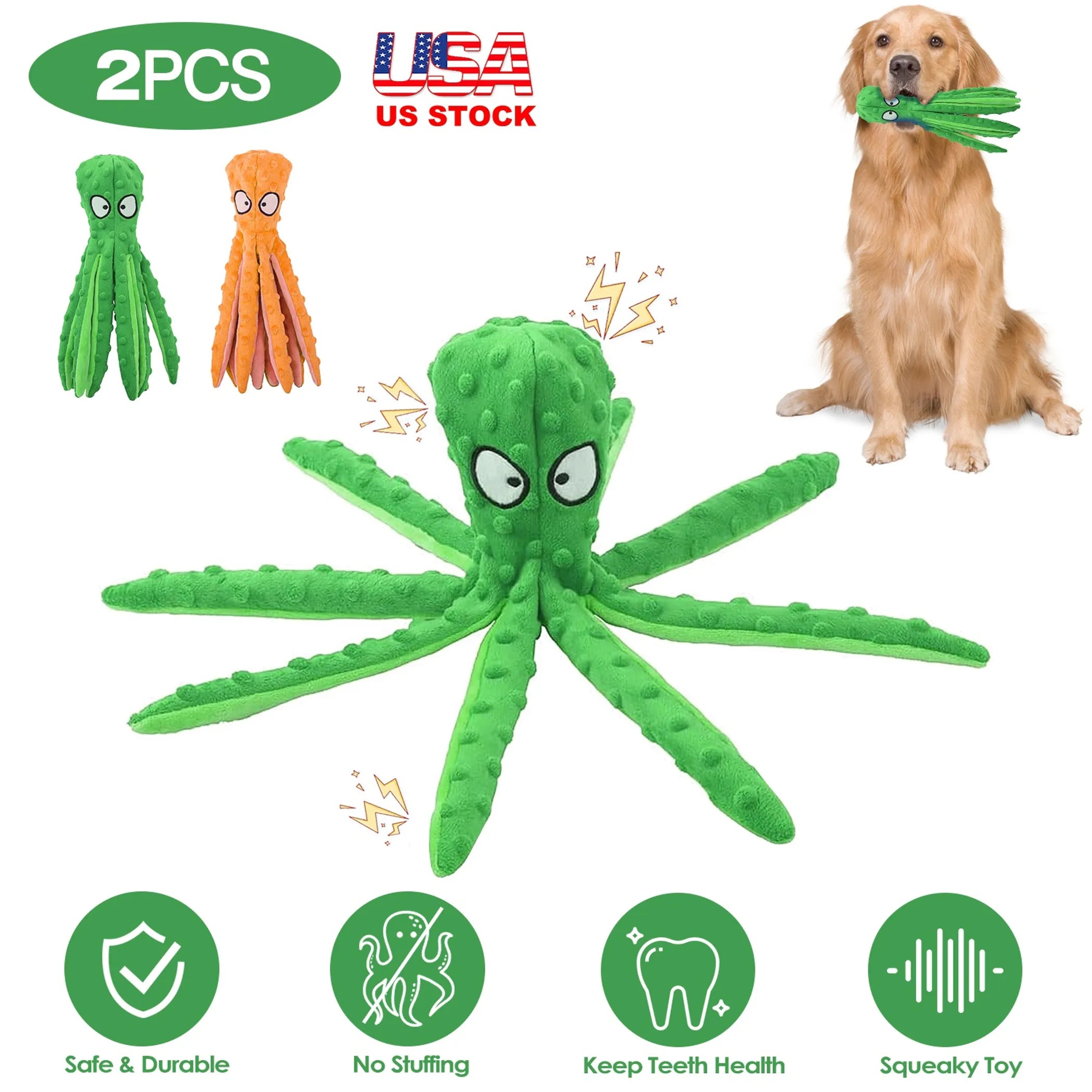 Two squeaky dog toys in green and orange with playful designs, made by Linx Group, perfect for keeping dogs entertained.