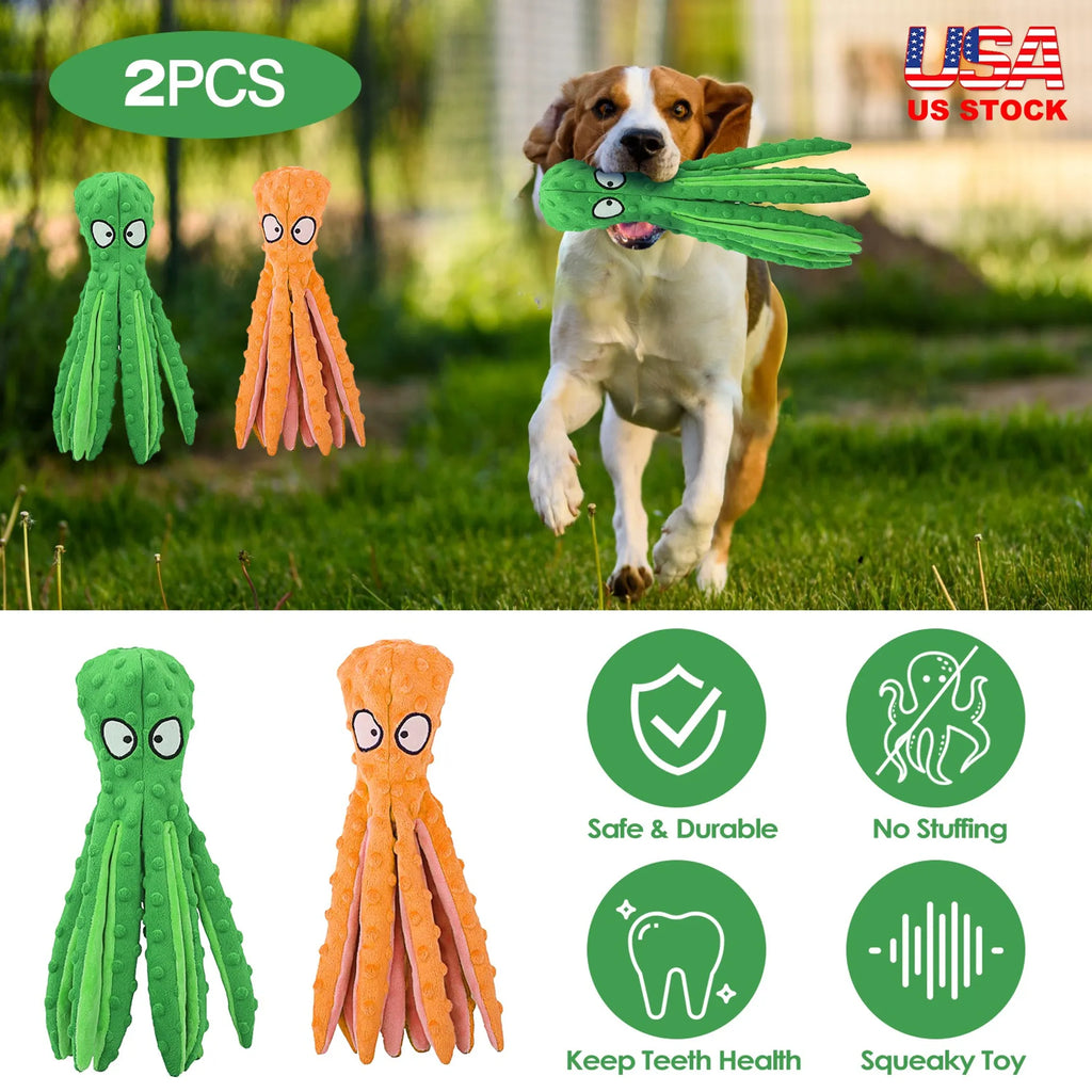Two colorful squeaky dog toys in green and orange made of durable material from Linx Group for playful dogs.