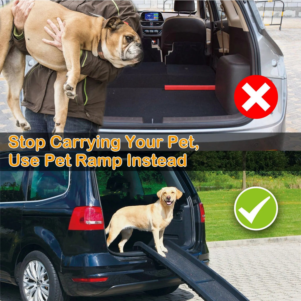 Foldable Linx Group pet ramp for dogs, portable pet supplies for easy car access, shown in a folded and extended position.