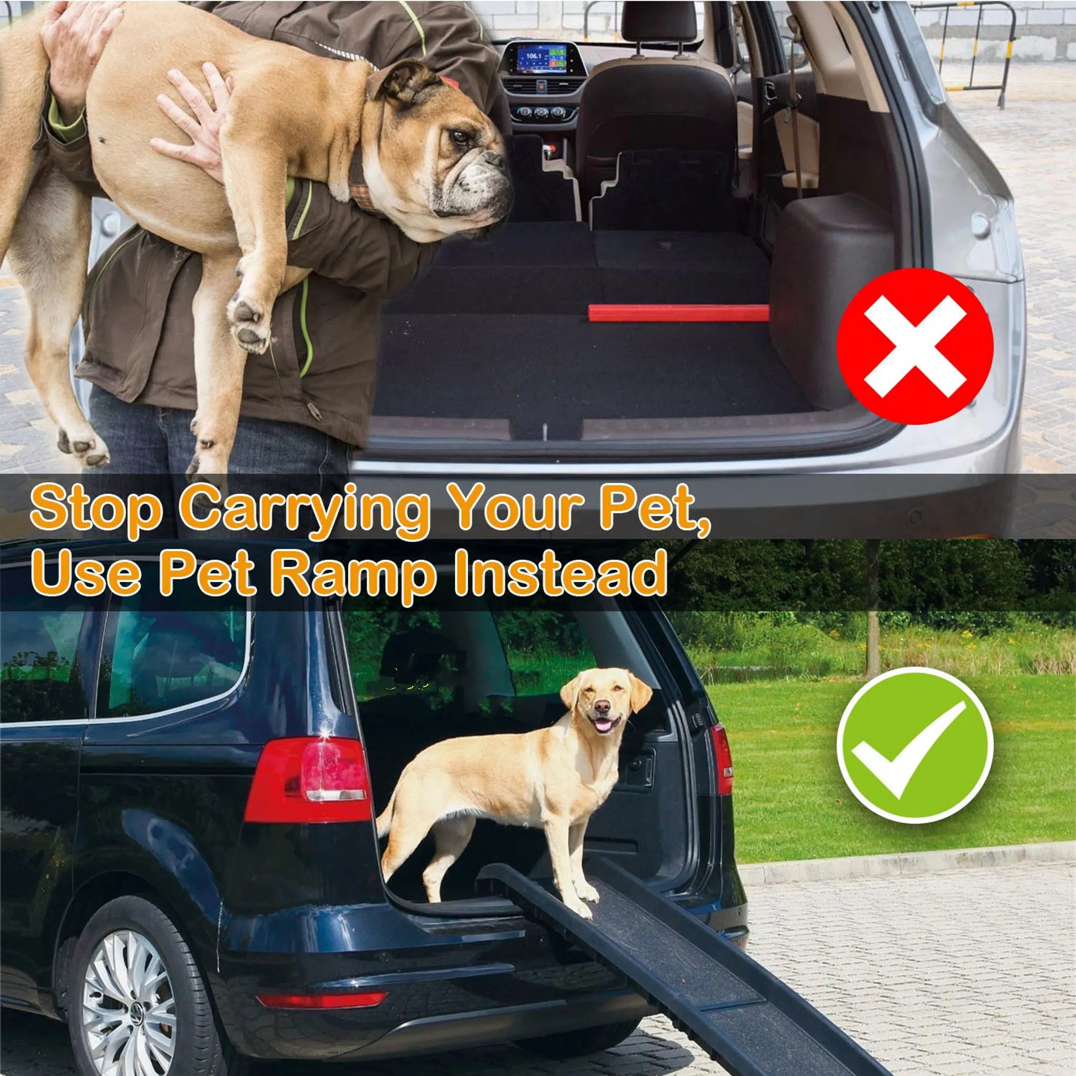 Foldable Linx Group pet ramp for dogs, portable pet supplies for easy car access, shown in a folded and extended position.