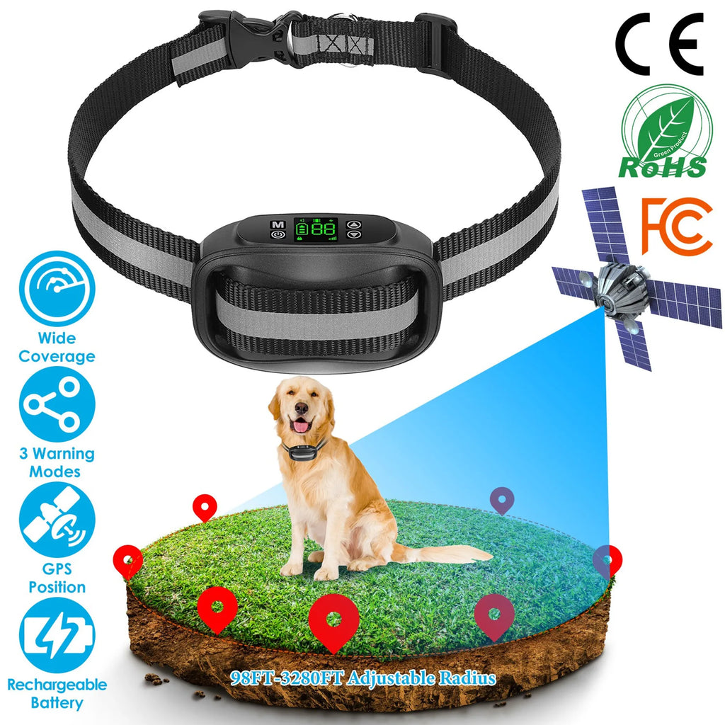 Wireless GPS dog fence system by Linx Group for outdoor pet safety, showing the device and outdoor setting.
