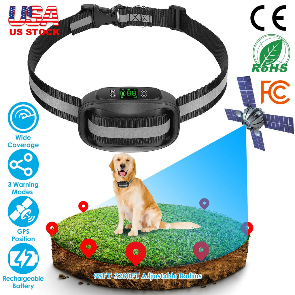 Wireless GPS dog fence system by Linx Group for outdoor pet safety, showing the device and outdoor setup in the image.