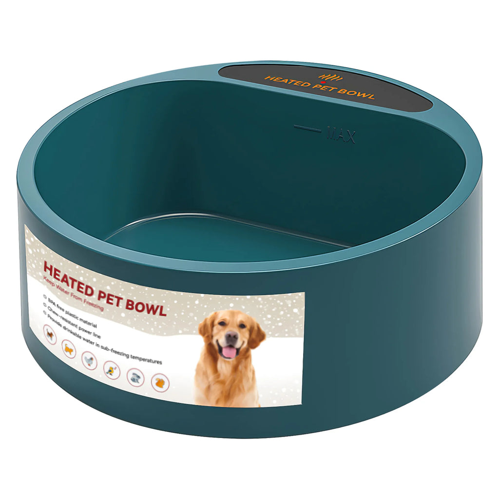 Linx Group heated water bowl for dogs and cats, 74.4oz capacity, designed to keep pets' water warm and fresh.