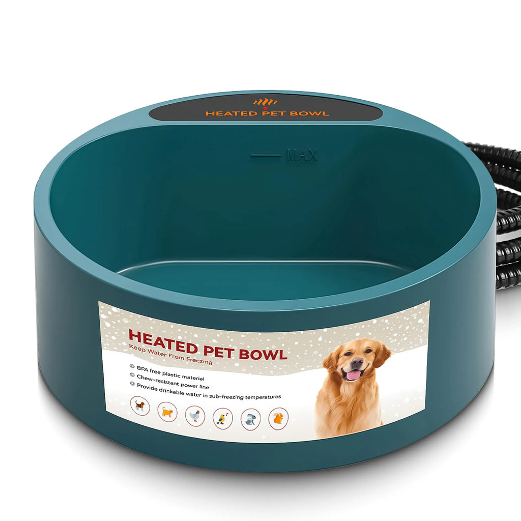 Linx Group heated water bowl for dogs and cats, 74.4oz, with a clear bowl and heating element for pets' hydration.