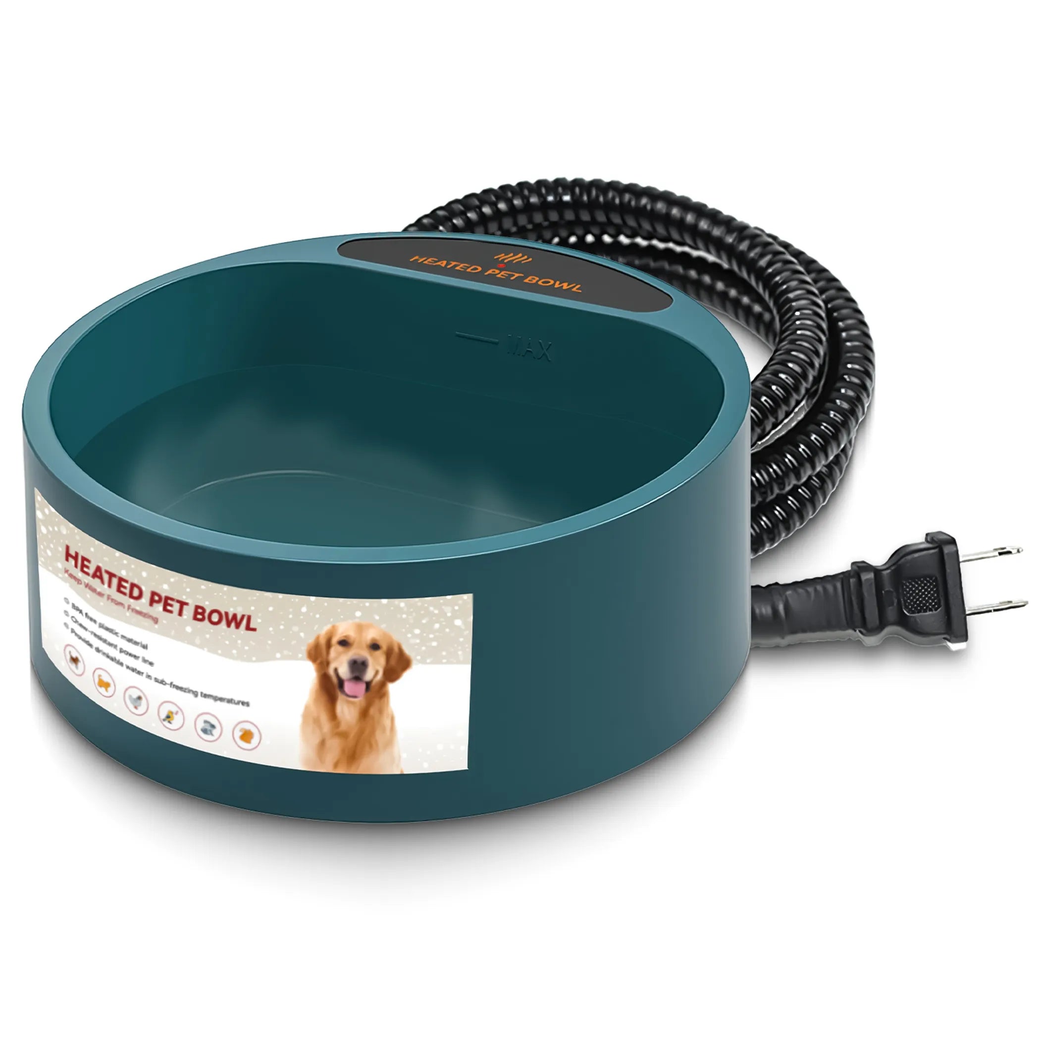 Linx Group heated water bowl for dogs and cats, 74.4oz capacity, with a sleek design for outdoor or indoor use.