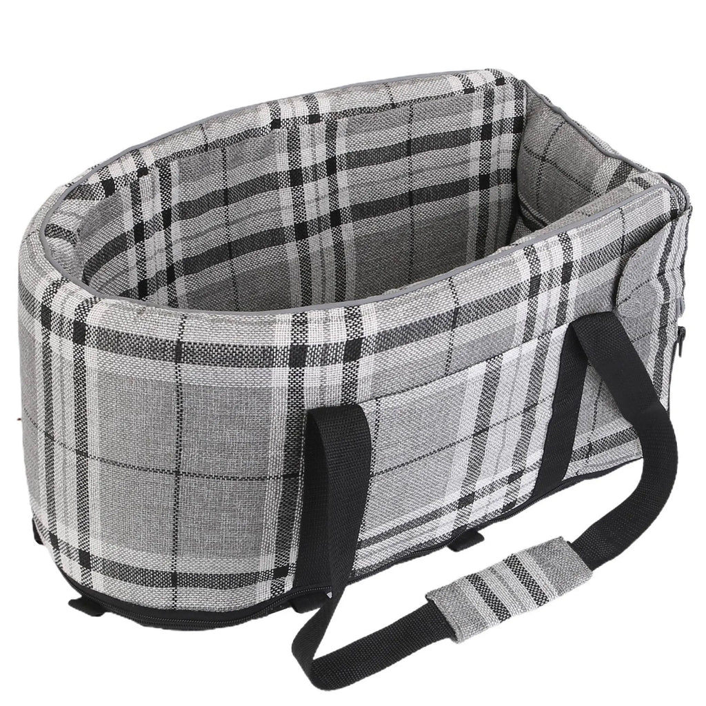 Black and white console pet car seat for small dogs and cats, travel booster seat by Linx Group for safe car travel.