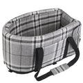Black and white console pet car seat for small dogs and cats, travel booster seat from Linx Group, with padded interior and safety straps.