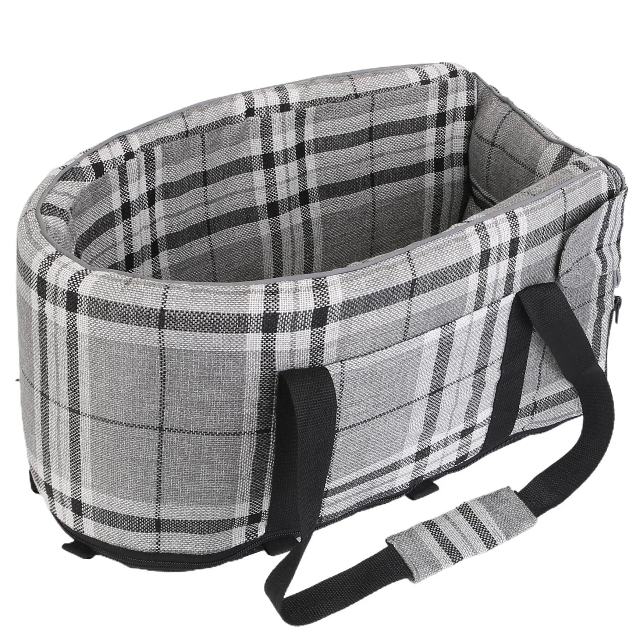 Black and white console pet car seat for small dogs and cats, travel booster seat from Linx Group, with padded interior and safety straps.