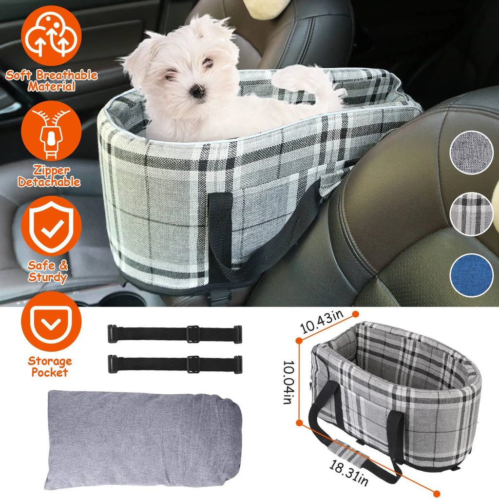 Black and white console pet car seat for small dogs and cats, travel booster seat by Linx Group in pets carriers style.