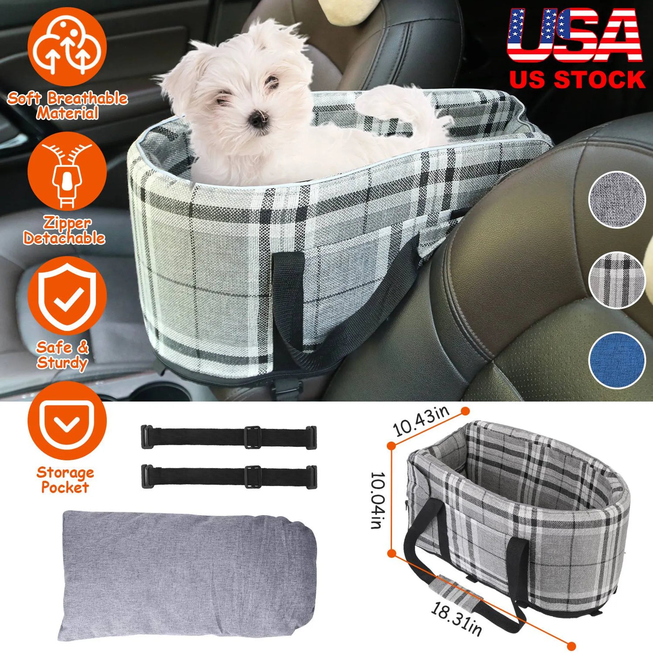 Black and white console pet car seat for small dogs and cats, Linx Group travel booster seat for secure vehicle comfort.