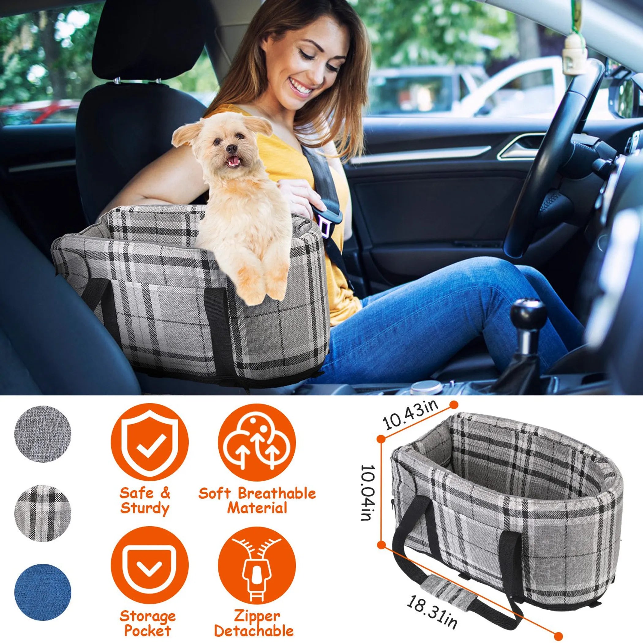Black and white console pet car seat for small dogs and cats, travel booster seat by Linx Group for secure vehicle travel.