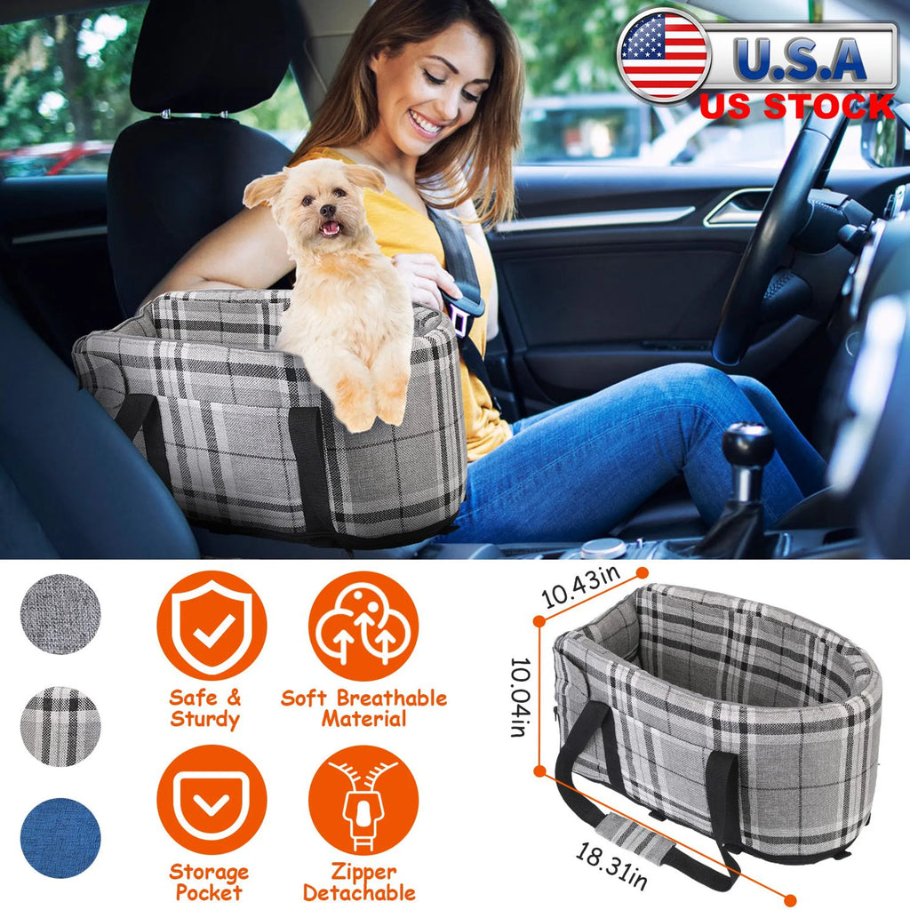 Black and white console pet car seat for small dogs and cats, Linx Group travel booster carrier in a sleek design.