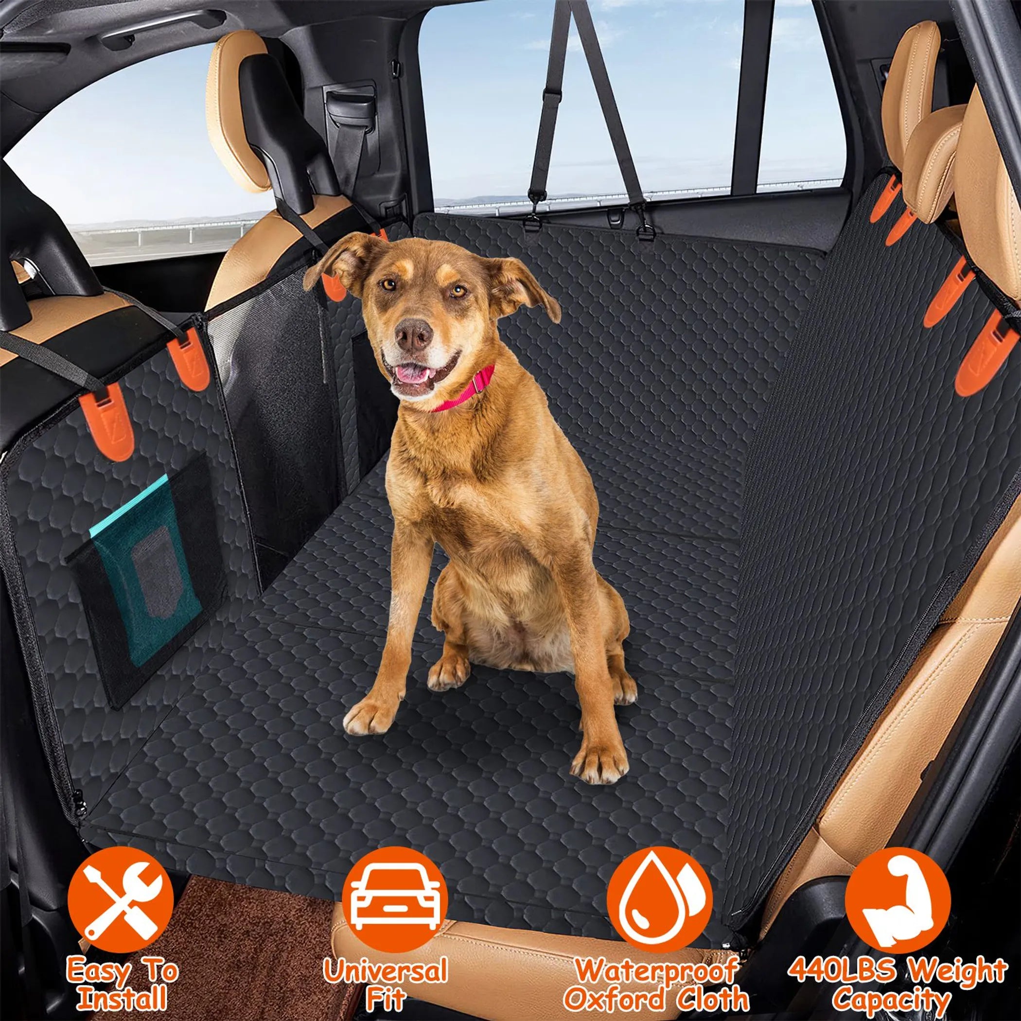 Linx Group dog car back seat cover for travel and seat protection, waterproof pet seat cover in black with adjustable straps.