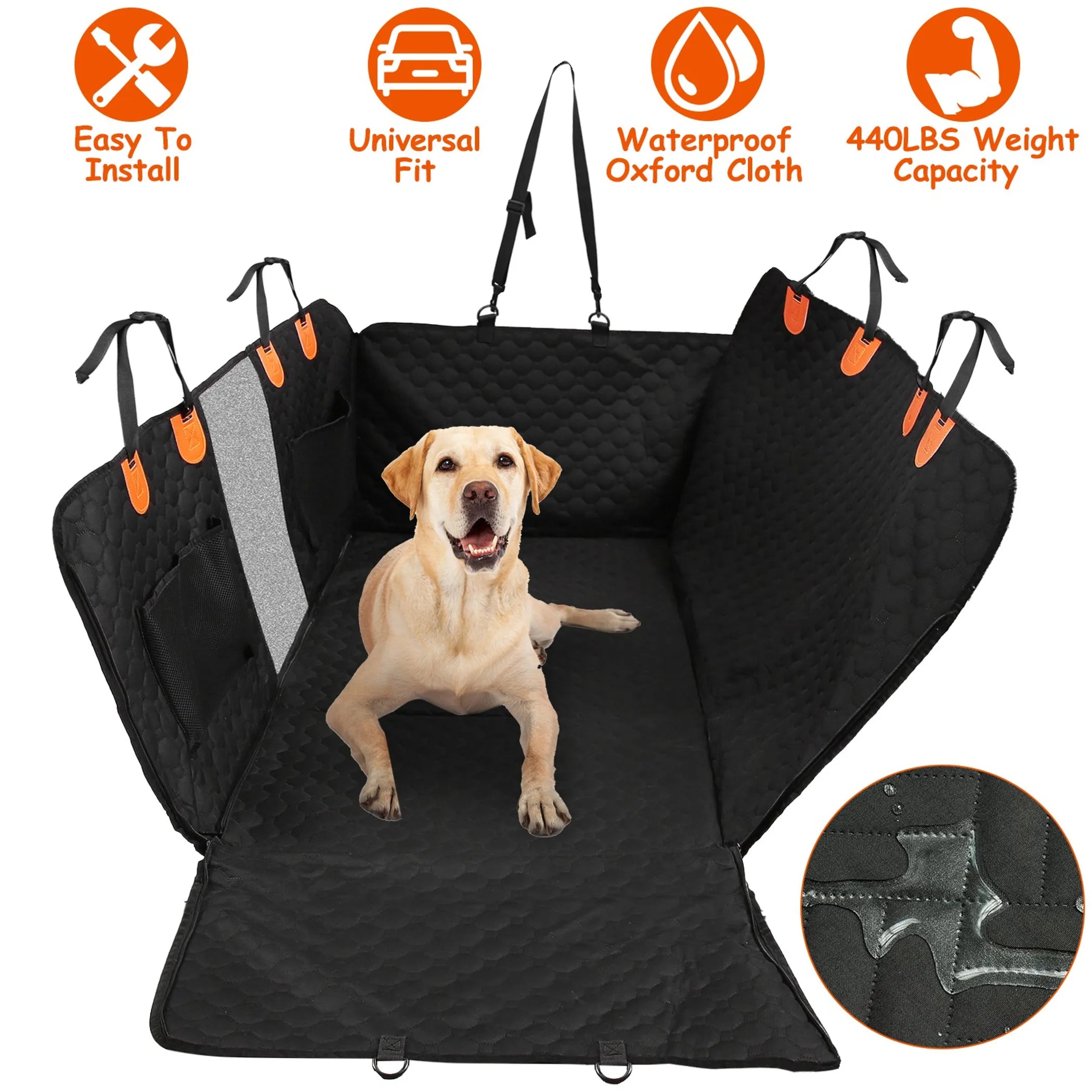 Linx Group dog car back seat cover for pet travel, waterproof fabric with side flaps and adjustable straps for seat protection.