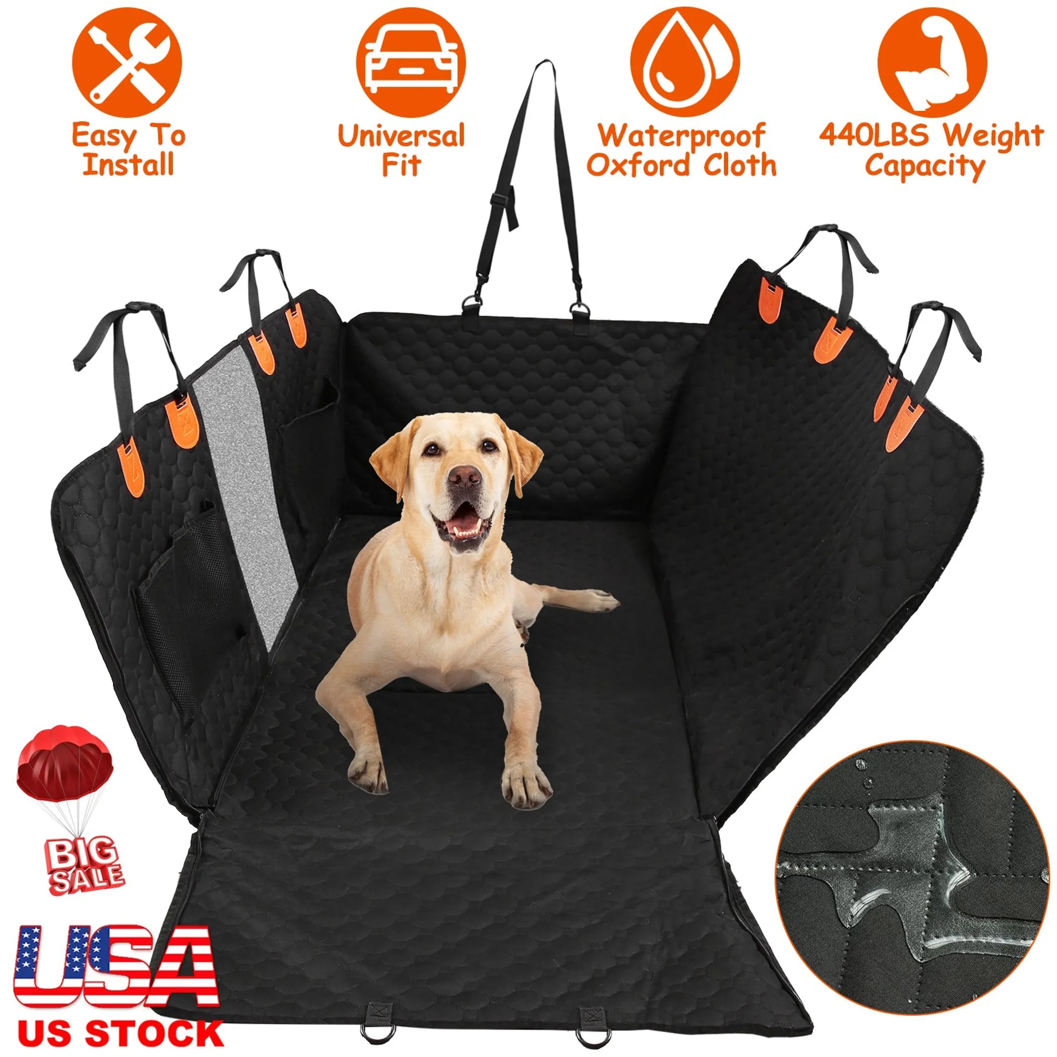 Linx Group dog car back seat cover for travel and seat protection, showing durable fabric and adjustable straps in a vehicle interior.
