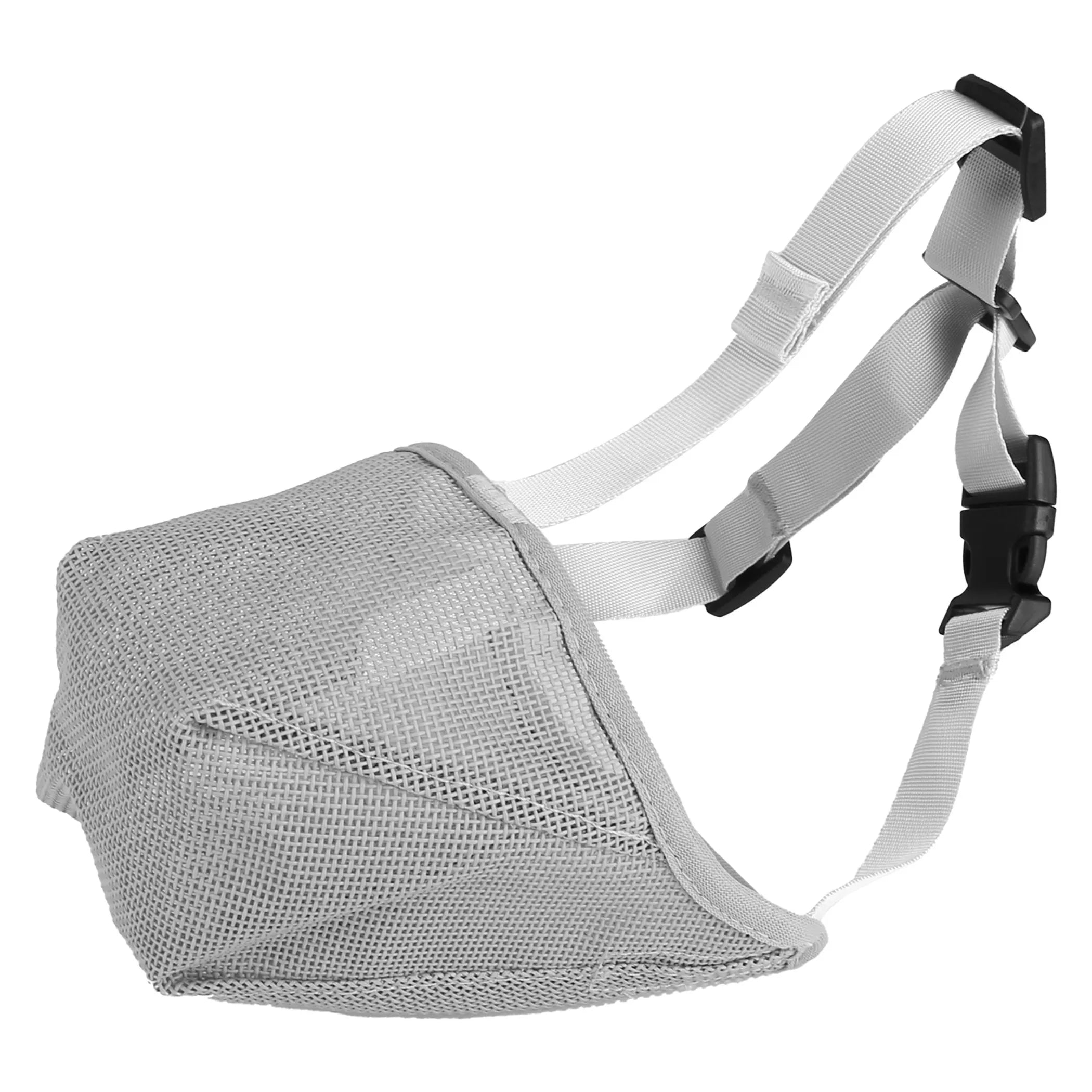 Grey pet muzzle mask from Linx Group, designed for pet safety and comfort, with adjustable straps and breathable material.