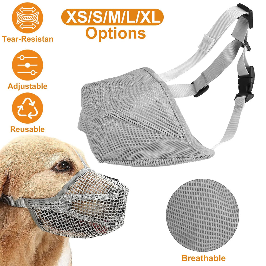 Gray pet muzzle mask from Linx Group, designed for pet safety and comfort, shown fitted on a dog in a pet supplies setting.