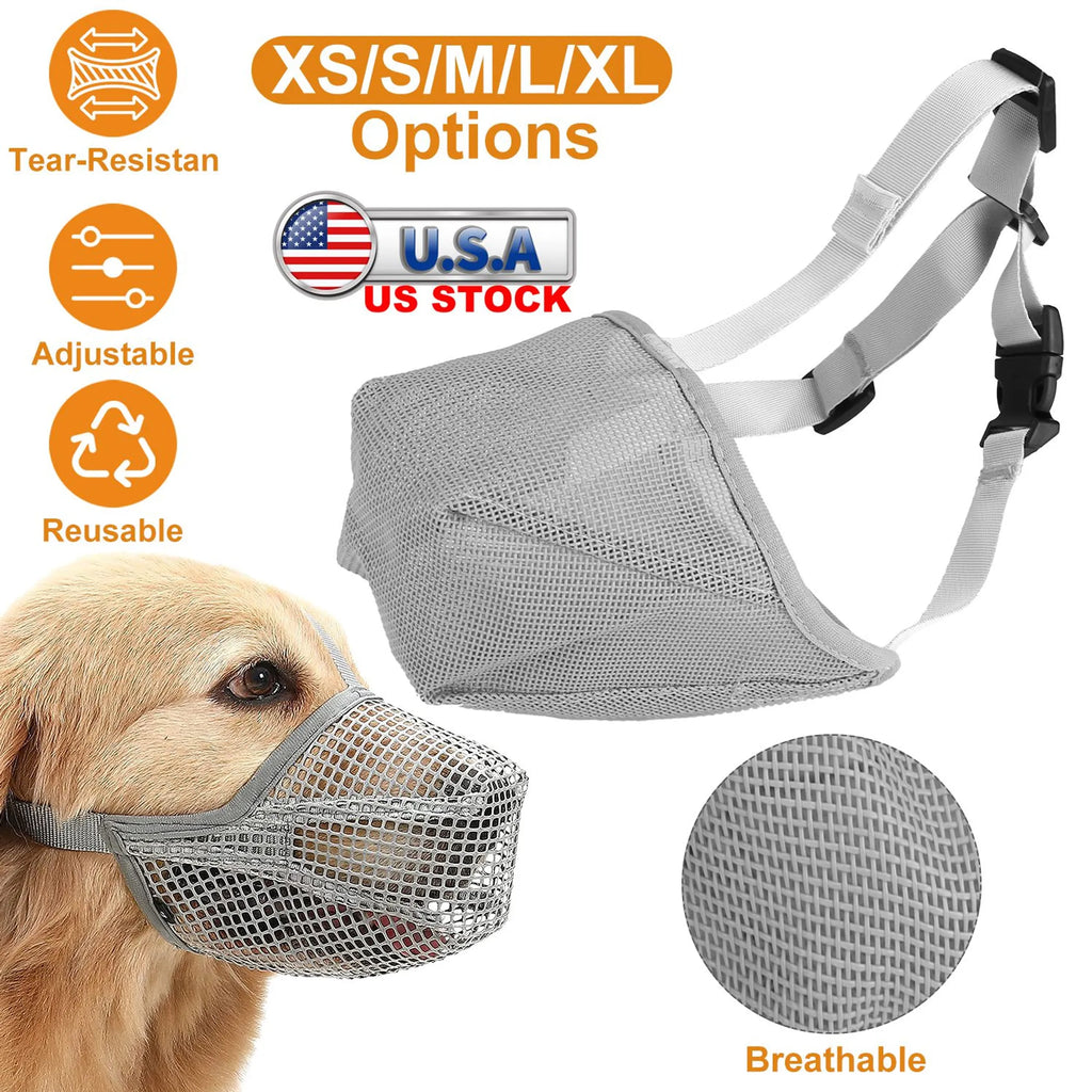 Grey pet muzzle mask from Linx Group, designed for pet safety and restraint, showing adjustable straps and breathable material.