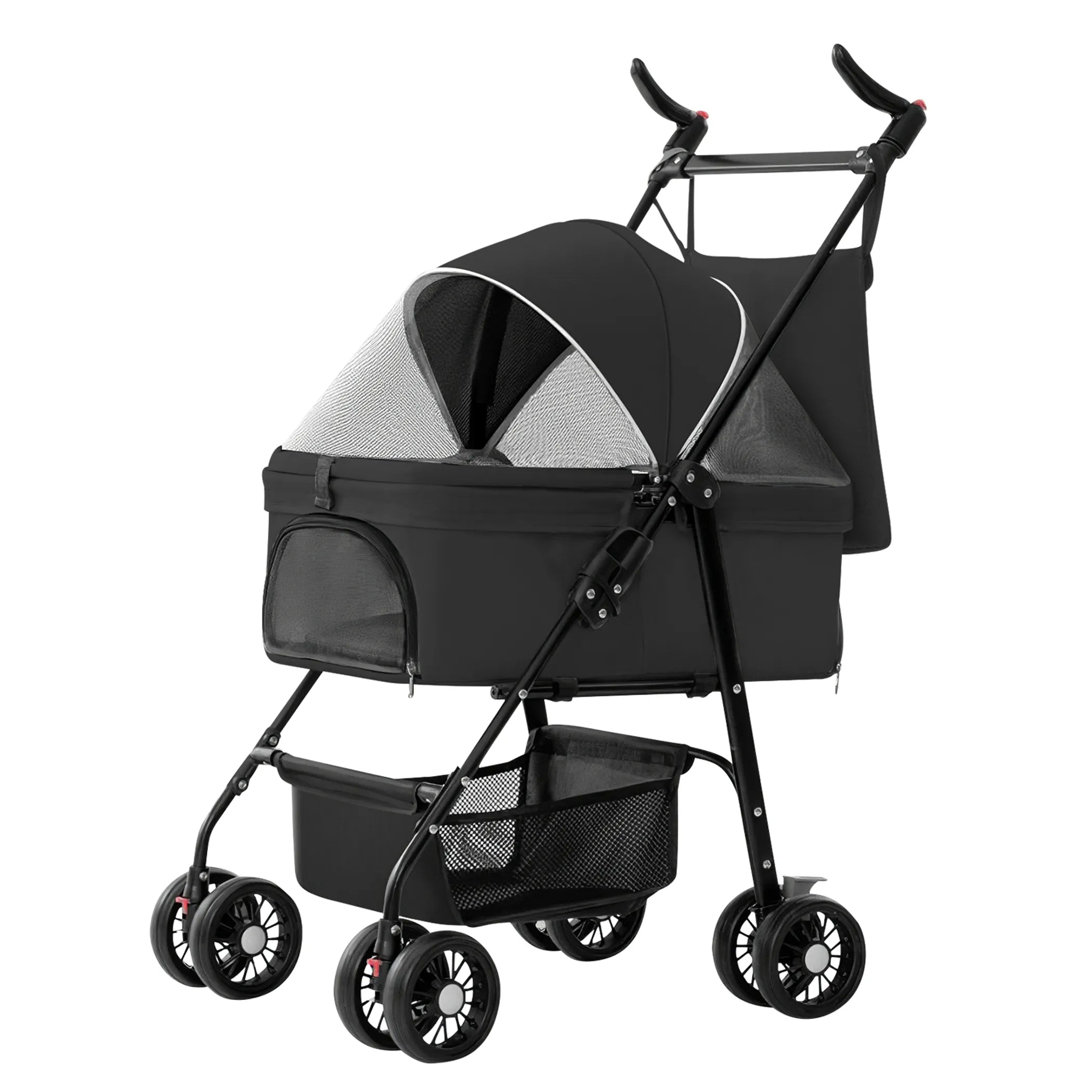 Black foldable 4-wheel pet stroller by Linx Group, designed for travel and easy transport of small pets.
