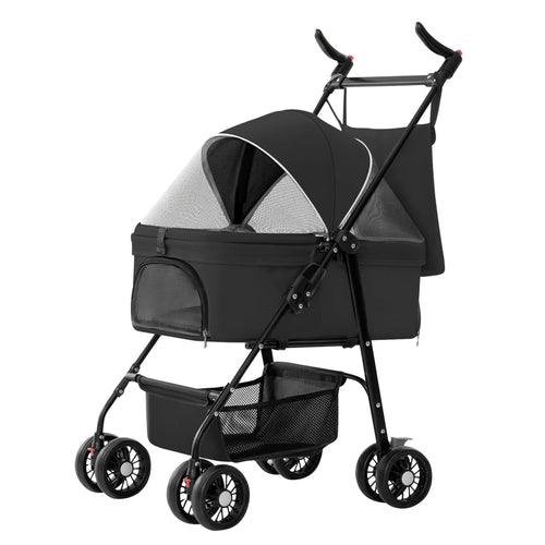 Black foldable 4-wheel pet stroller by Linx Group, designed for travel and easy transport of small pets.