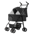 Black 4-wheel foldable pet stroller by Linx Group, designed for travel with a spacious carrier and easy fold features.