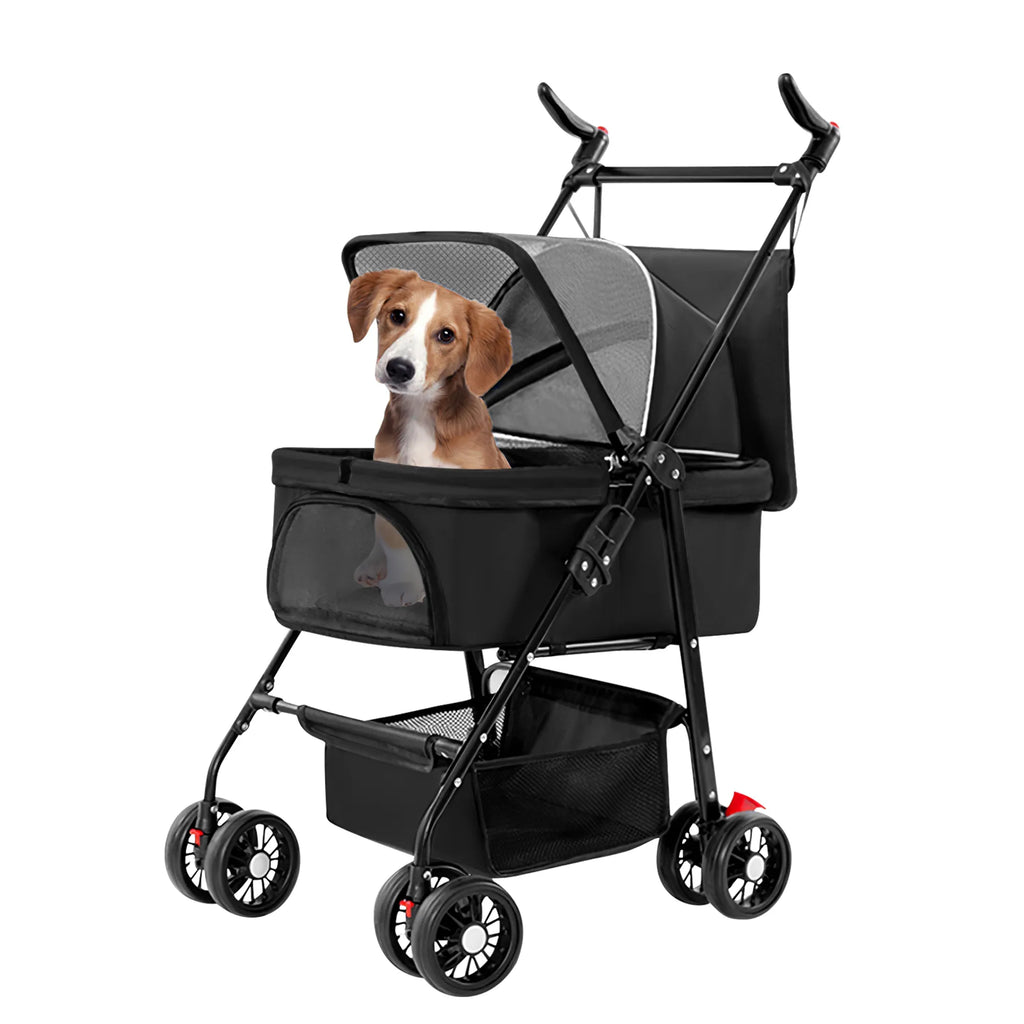 Black 4-wheel foldable pet stroller by Linx Group, designed for travel with breathable mesh and compact fold feature.