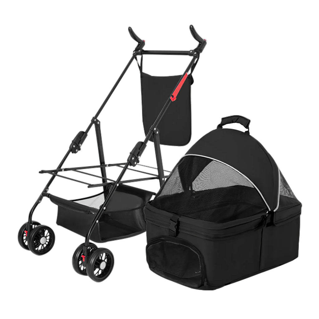 Foldable black Linx Group 4-wheel pet stroller with travel carrier design, suitable for easy transportation of small pets.