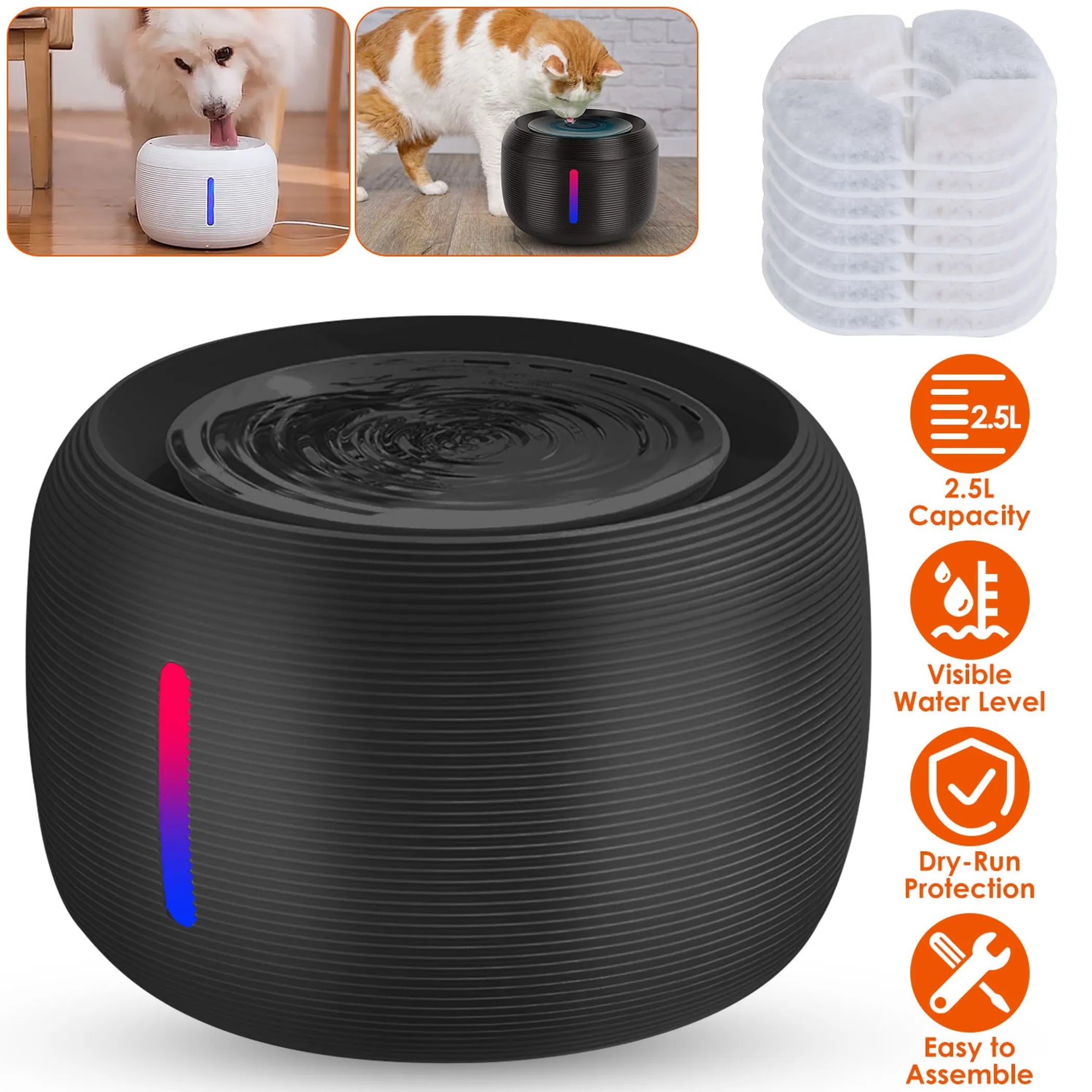 Black 2.5L Linx Group Smart Pet Water Fountain for dogs and cats, with flowing water and adjustable flow setting.
