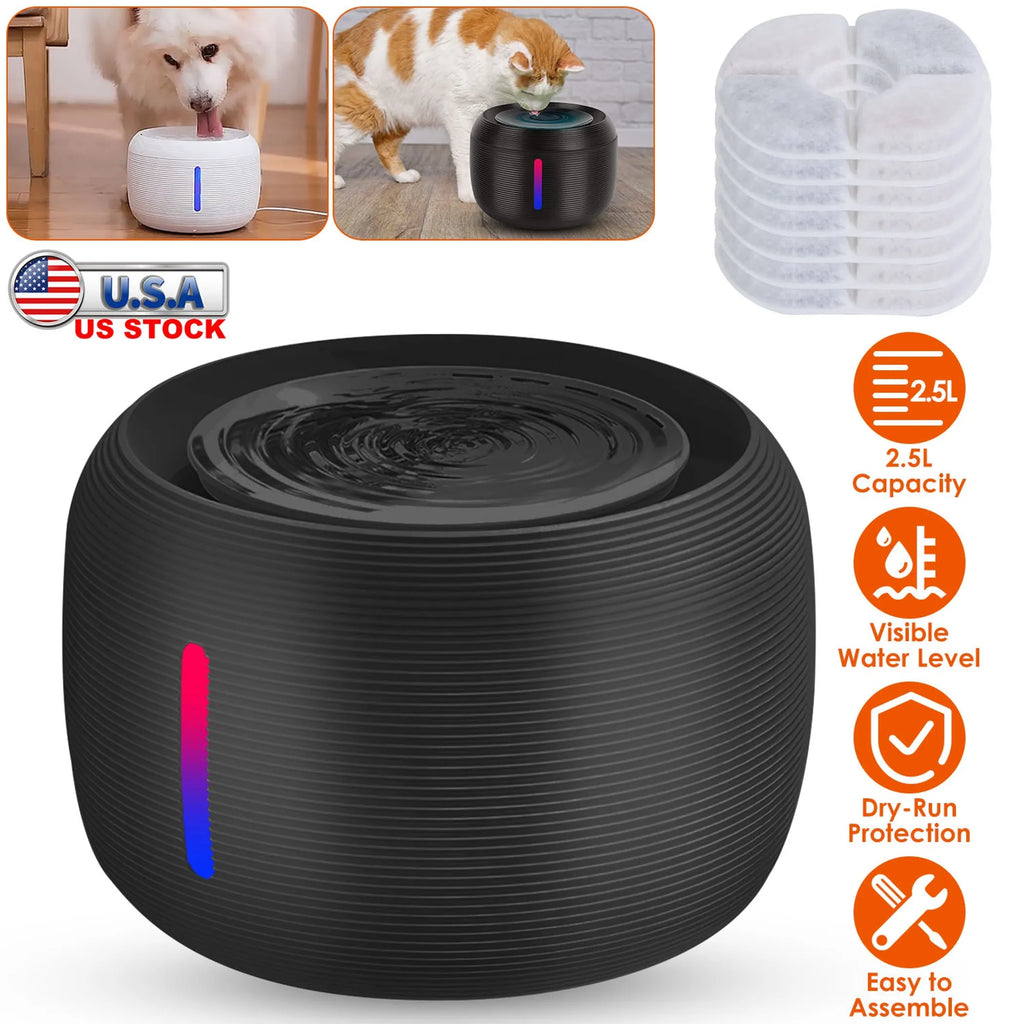 Black 2.5L Linx Group smart pet water fountain with flowing water for dogs and cats, designed as a sleek pet bowl.