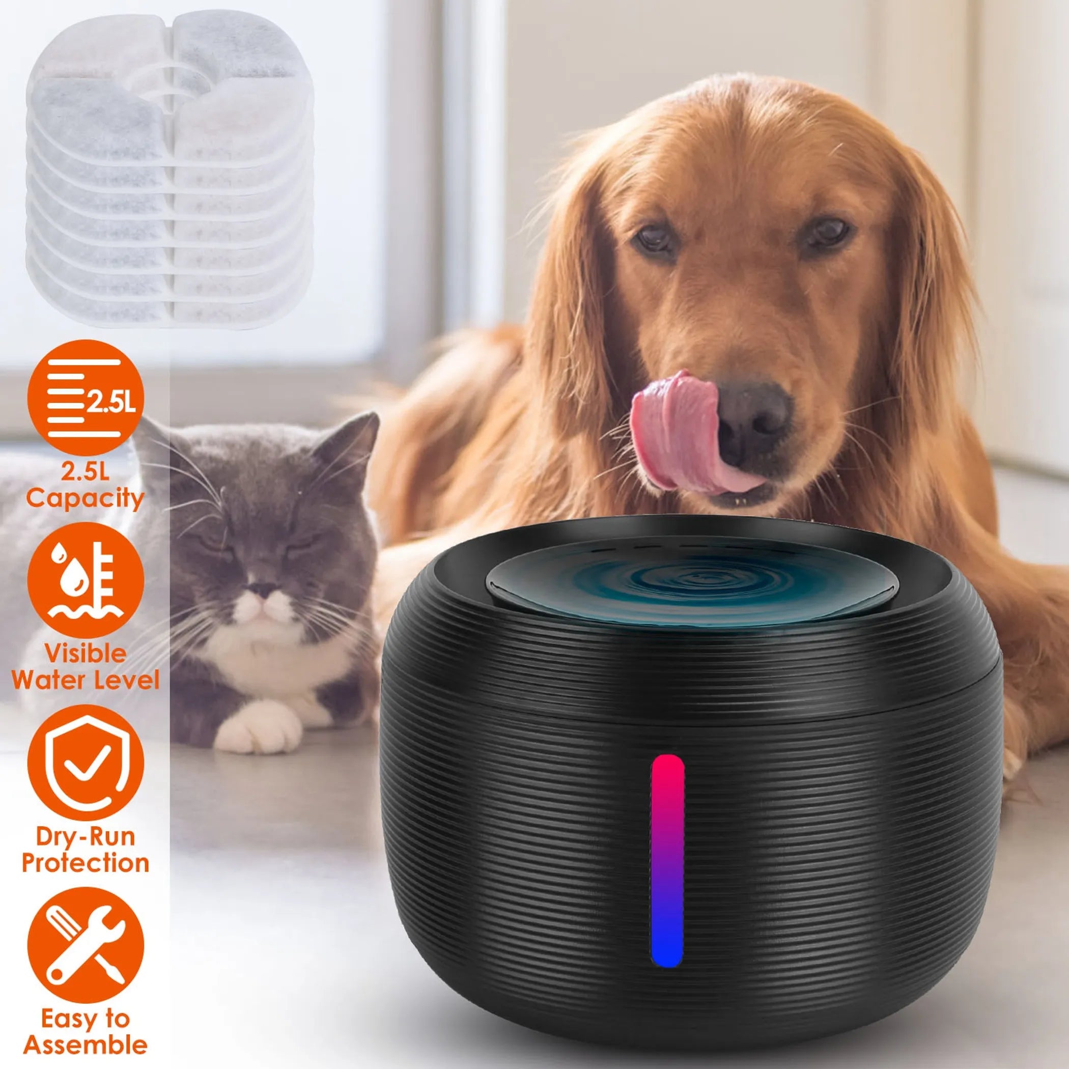 Black Linx Group 2.5L pet water fountain for dogs and cats, with a sleek design and easy-to-use water flow system.