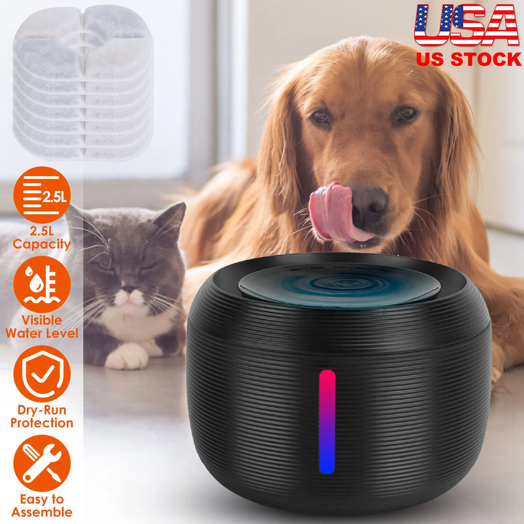 Black 2.5L Linx Group smart pet water fountain for dogs and cats, featuring a sleek design and continuous flowing water.