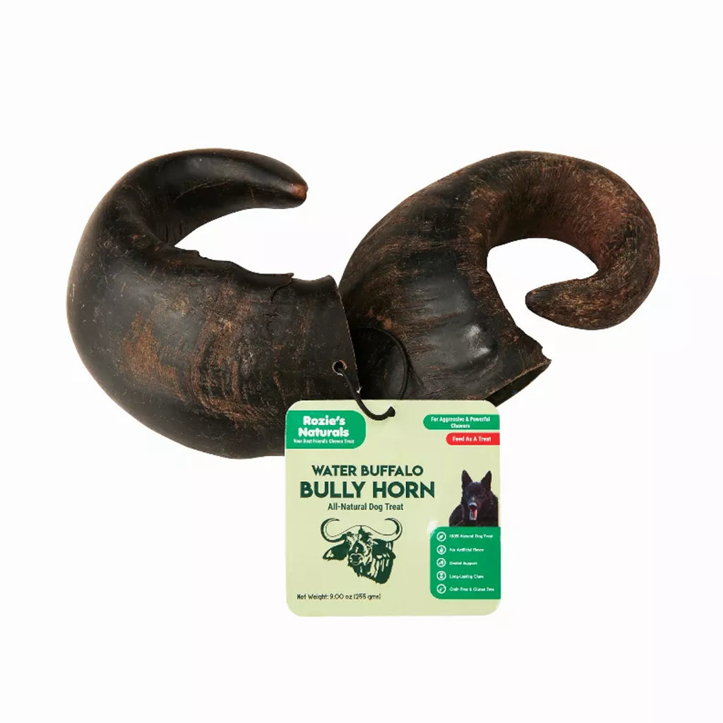 Rozie's Pet Supply water buffalo horn dog treats, grain-free and natural, showing two long-lasting chews for dogs.