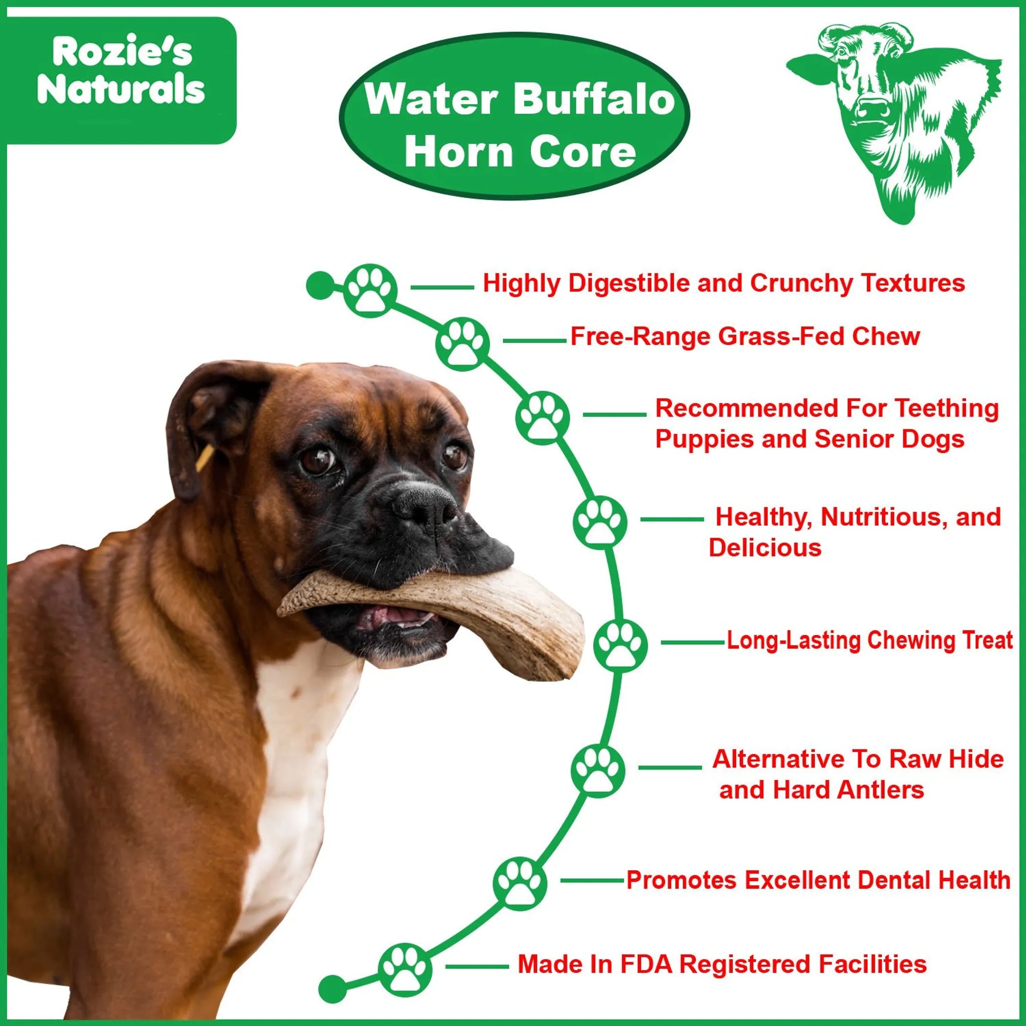Water buffalo horn dog treats from Rozie's Pet Supply, natural, grain-free, long-lasting chews for healthy dog dental care.