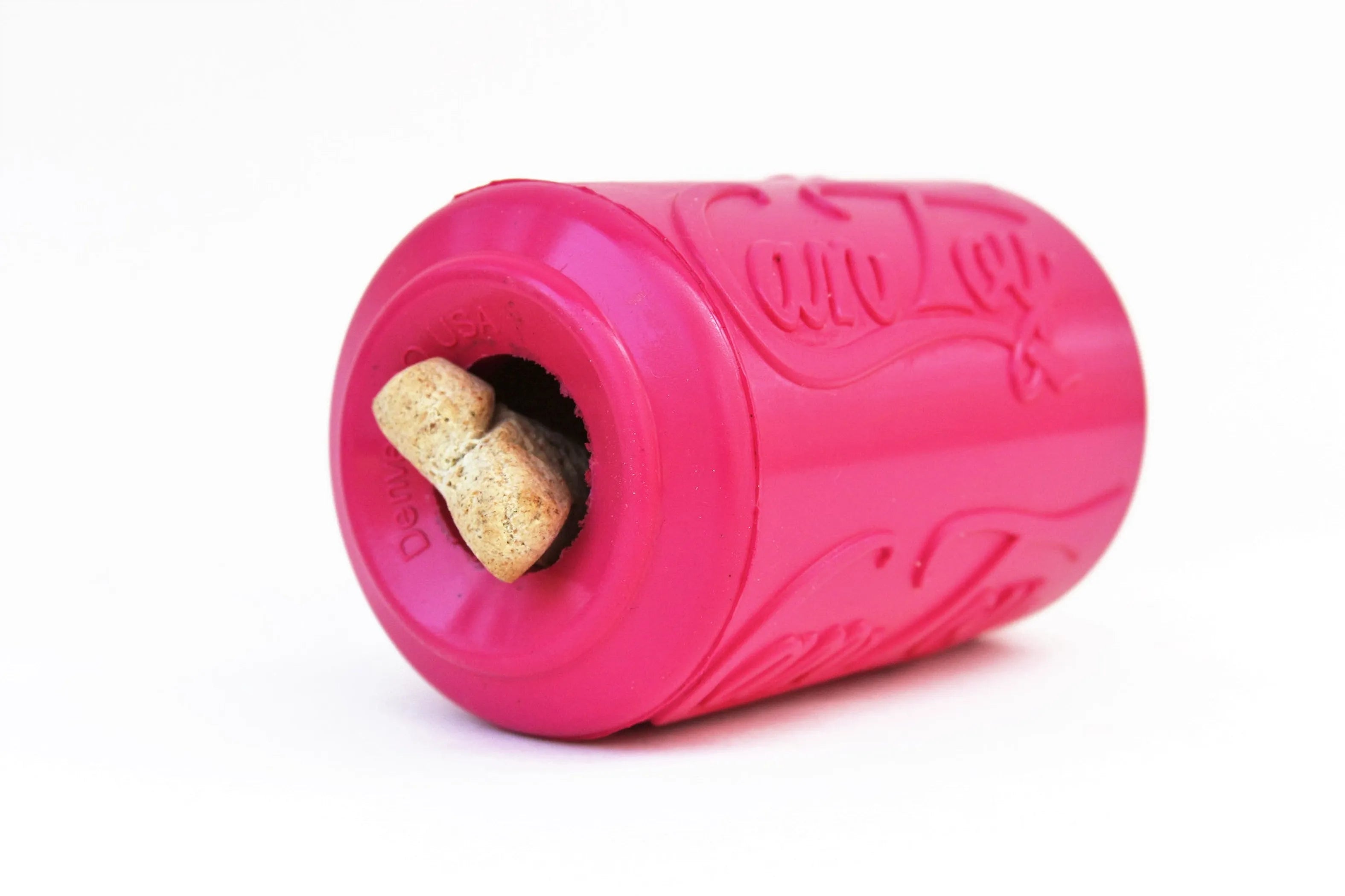 Durable rubber puppy can toy by SodaPup, designed for teething pups, features a treat dispenser and chew-friendly surface for dogs.
